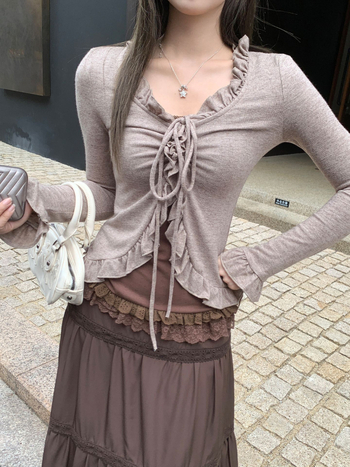 Γυναικεία μακρυμάνικη μπλούζα T‑shirt με μοτίβο φιόγκο, βισκόζη, στενή γραμμή, κοντό μήκος