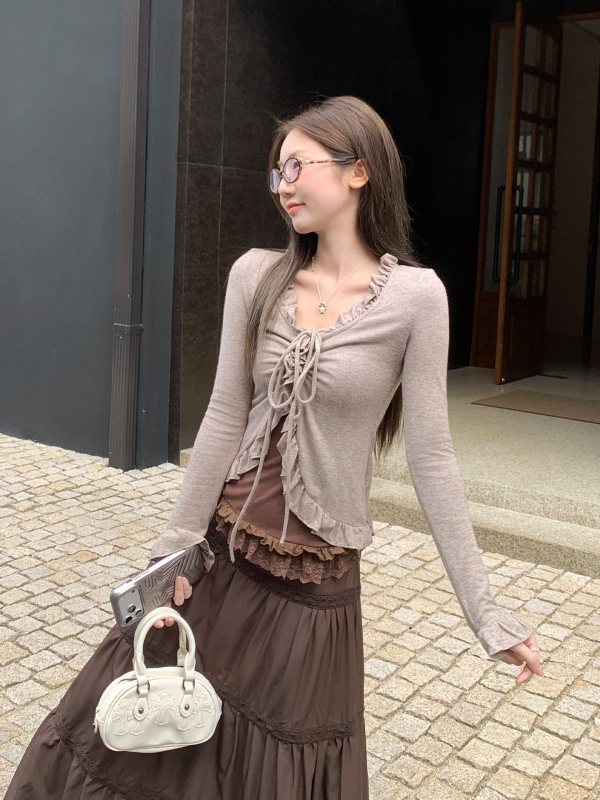 Γυναικεία μακρυμάνικη μπλούζα T‑shirt με μοτίβο φιόγκο, βισκόζη, στενή γραμμή, κοντό μήκος