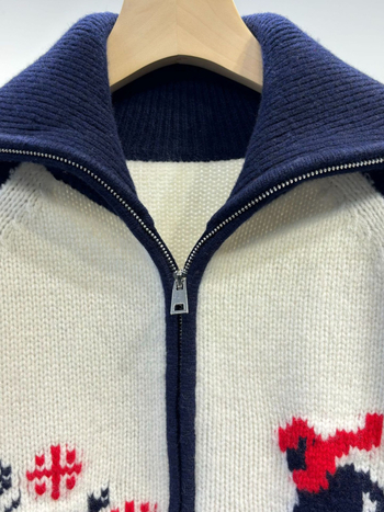 Vuneni jacquard kardigan jakna s color-block uzorkom, zatvarač, casual pleteni pulover, normalna duljina 50–65 cm
