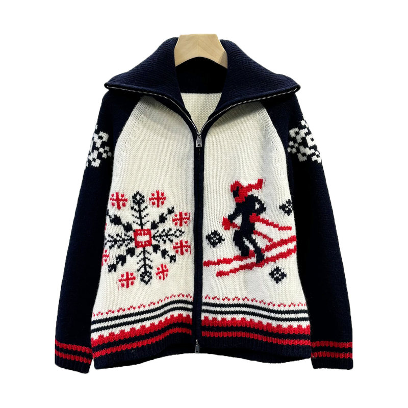 Vuneni jacquard kardigan jakna s color-block uzorkom, zatvarač, casual pleteni pulover, normalna duljina 50–65 cm