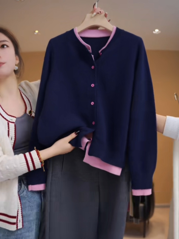Ženski pleteni kardigan s color-block uzorkom, korejskog stila, vrhunske kvalitete, jesen 2025, ležeran kroj, vitka silueta