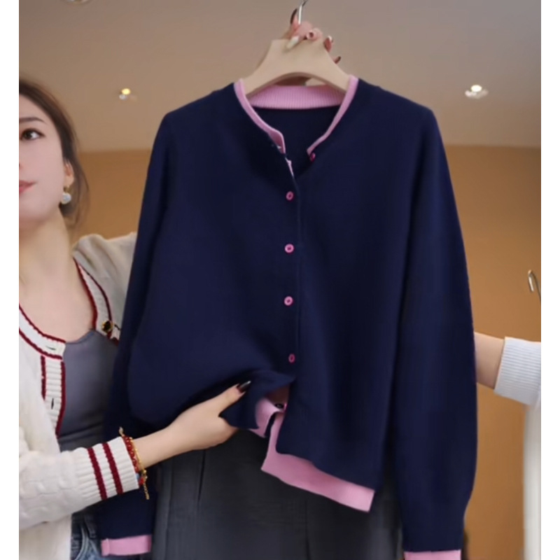 Ženski pleteni kardigan s color-block uzorkom, korejskog stila, vrhunske kvalitete, jesen 2025, ležeran kroj, vitka silueta