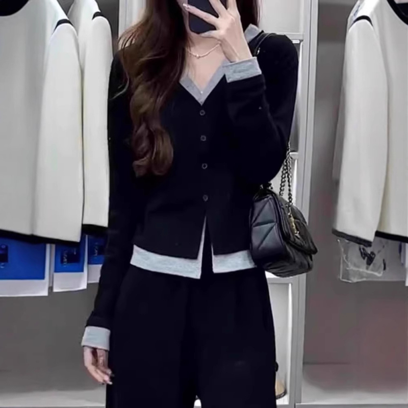 Tricou cu guler în V, mâneci lungi, panouri color-block, țesătură viscoză, lungime regulată