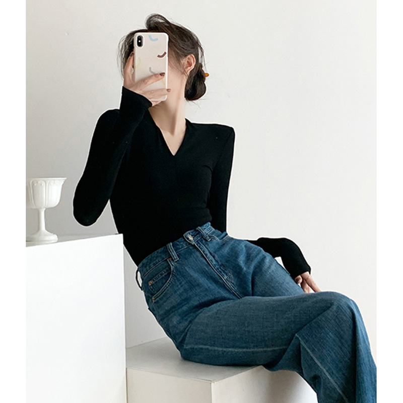 Pulover damă cu decolteu în V, tricot, croială Slim, mâneci lungi, model simplu