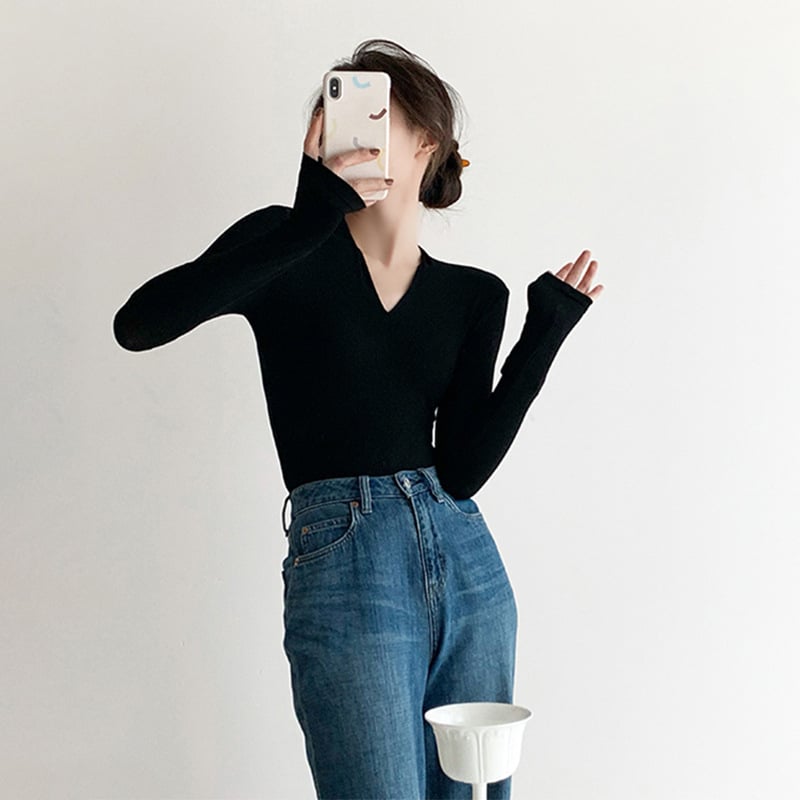 Pulover damă cu decolteu în V, tricot, croială Slim, mâneci lungi, model simplu