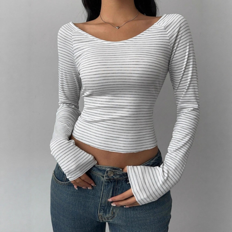 Πλεκτό τοπ ριγέ με λαιμό σε σχήμα U, μακριά μανίκια, στενή γραμμή, πολυεστέρας