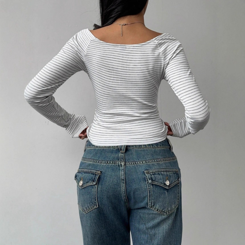 Πλεκτό τοπ ριγέ με λαιμό σε σχήμα U, μακριά μανίκια, στενή γραμμή, πολυεστέρας