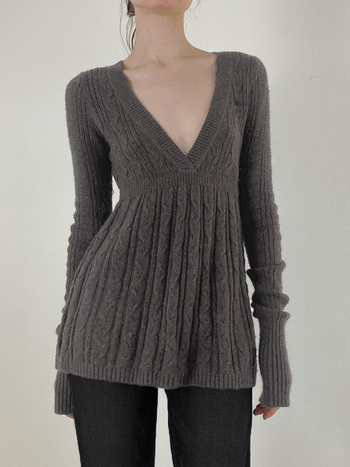 Ženski pleteni top s V izrezom, slim fit, dugi rukavi, japansko-korejski ležerni stil, tkanina od poliestera (95%+ poliestera)