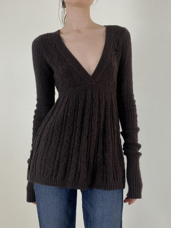Ženski pleteni top s V izrezom, slim fit, dugi rukavi, japansko-korejski ležerni stil, tkanina od poliestera (95%+ poliestera)