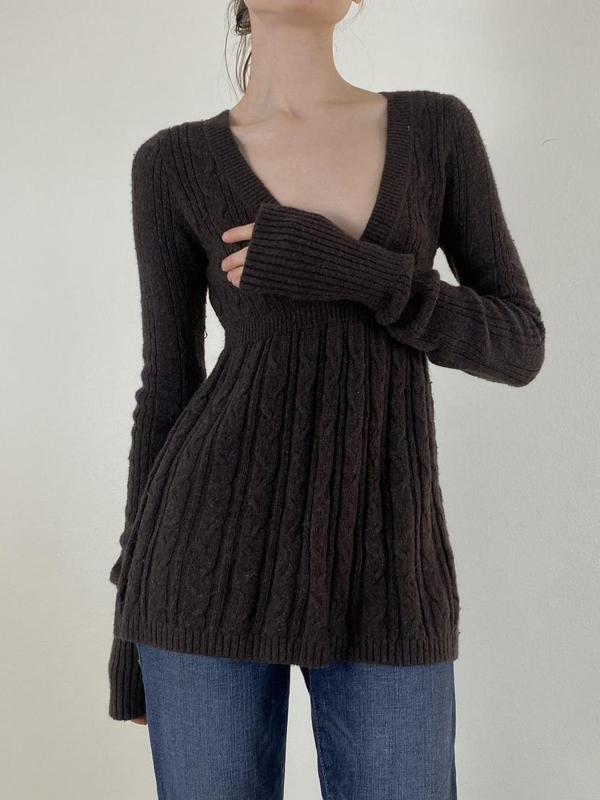 Ženski pleteni top s V izrezom, slim fit, dugi rukavi, japansko-korejski ležerni stil, tkanina od poliestera (95%+ poliestera)
