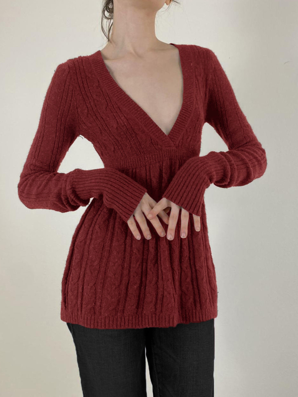 Ženski pleteni top s V izrezom, slim fit, dugi rukavi, japansko-korejski ležerni stil, tkanina od poliestera (95%+ poliestera)