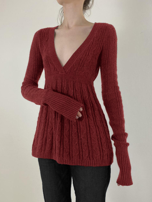 Ženski pleteni top s V izrezom, slim fit, dugi rukavi, japansko-korejski ležerni stil, tkanina od poliestera (95%+ poliestera)