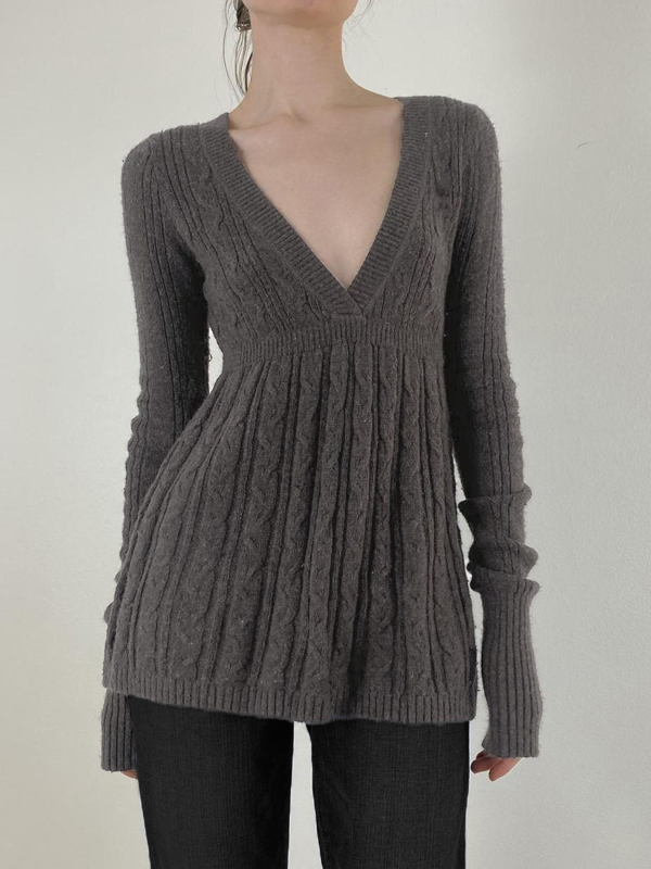 Ženski pleteni top s V izrezom, slim fit, dugi rukavi, japansko-korejski ležerni stil, tkanina od poliestera (95%+ poliestera)