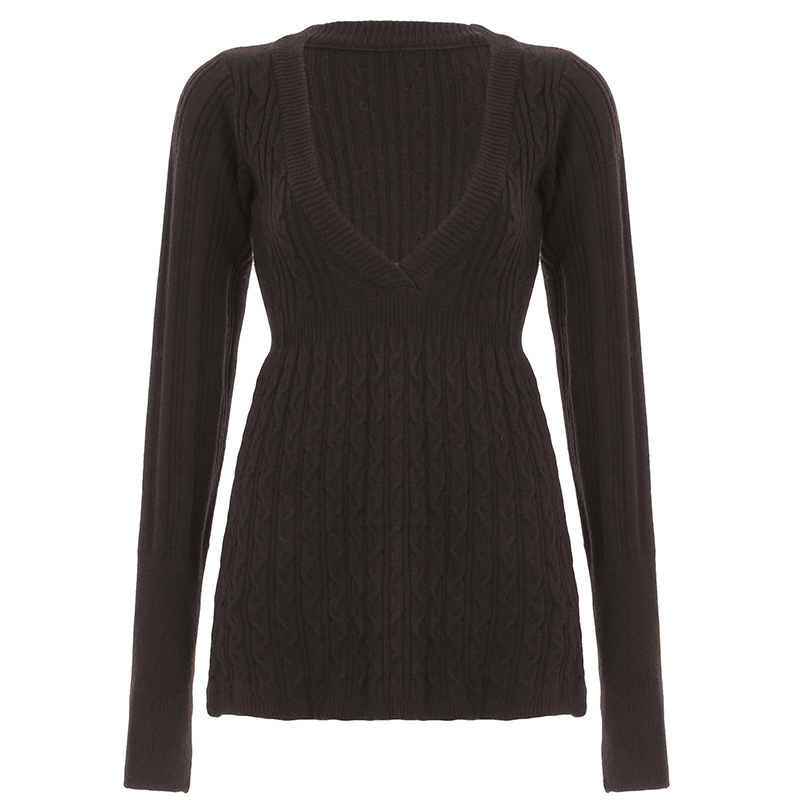 Ženski pleteni top s V izrezom, slim fit, dugi rukavi, japansko-korejski ležerni stil, tkanina od poliestera (95%+ poliestera)