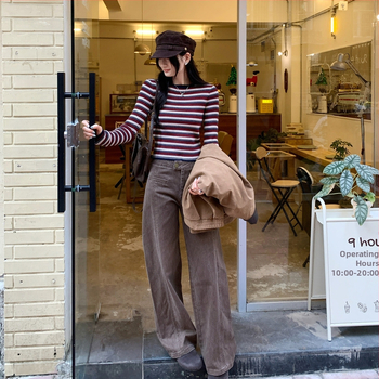 Korėjiečio stiliaus trumpas dryžuotas megztinis viršus moterims, rudens–žiemos 2025, įprastas kirpimas, apvali kakla, ilgos rankovės, poliesterio mišinys iki 30%