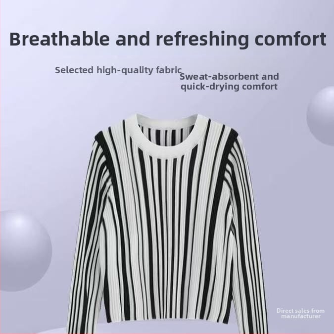 Top tricot pentru femei cu mâneci lungi, în dungă, bază, lansare primăvara 2025, țesătură Tr, PVC ≤30%