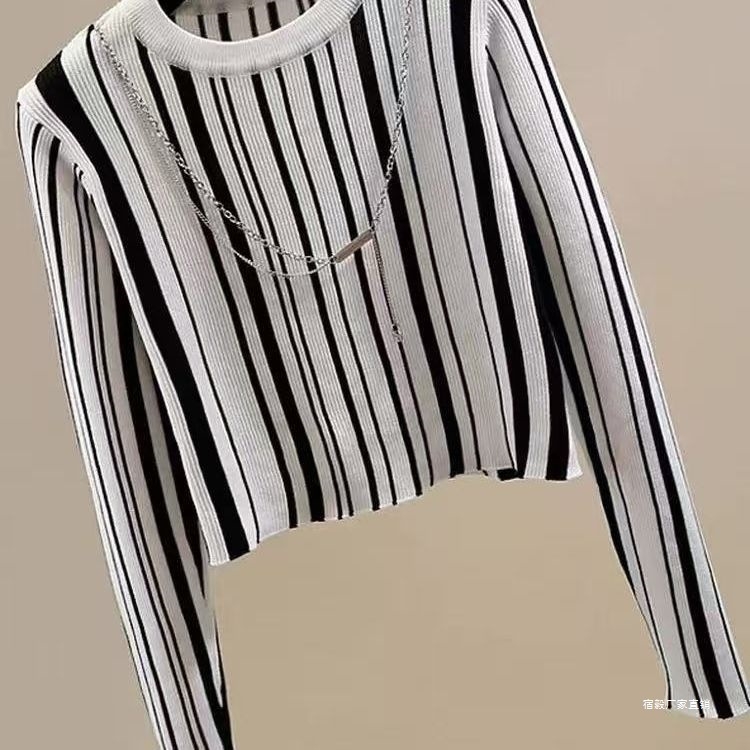 Top tricot pentru femei cu mâneci lungi, în dungă, bază, lansare primăvara 2025, țesătură Tr, PVC ≤30%