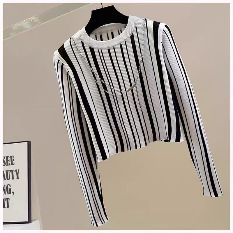 Top tricot pentru femei cu mâneci lungi, în dungă, bază, lansare primăvara 2025, țesătură Tr, PVC ≤30%