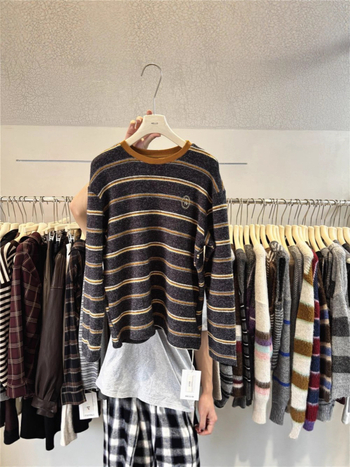 Ženski pleteni džemper | Korejski stil, okrugli izrez, ušivene kontrastne pruge, udoban slobodan kroj, jesen-zima