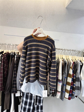 Ženski pleteni džemper | Korejski stil, okrugli izrez, ušivene kontrastne pruge, udoban slobodan kroj, jesen-zima