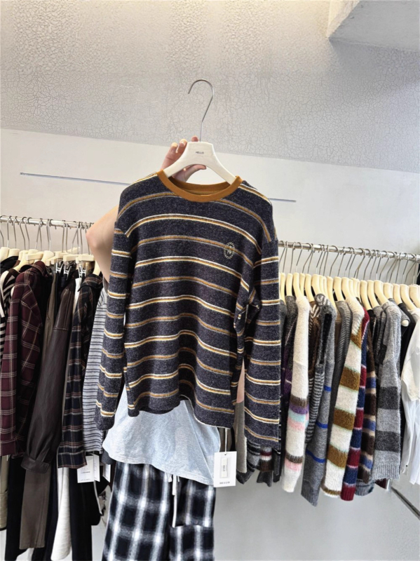 Ženski pleteni džemper | Korejski stil, okrugli izrez, ušivene kontrastne pruge, udoban slobodan kroj, jesen-zima