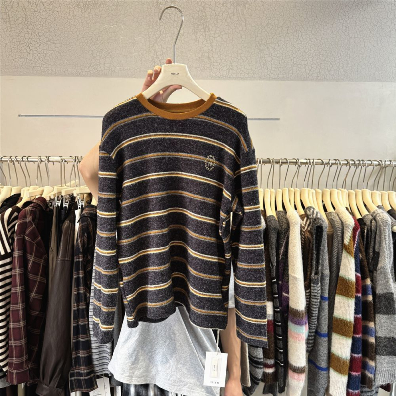 Ženski pleteni džemper | Korejski stil, okrugli izrez, ušivene kontrastne pruge, udoban slobodan kroj, jesen-zima