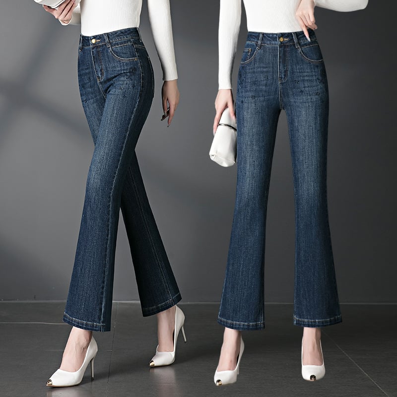 2095 Brodirane traperice s blagim širim krojem za majke srednje dobi, elastične, plus size, duge hlače, jesenji model