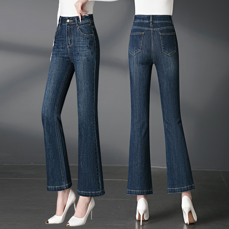 2095 Brodirane traperice s blagim širim krojem za majke srednje dobi, elastične, plus size, duge hlače, jesenji model