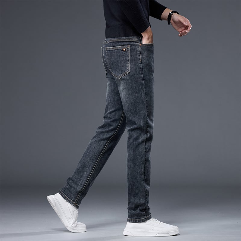 Muške traperice, ravni kroj, visoki pojas, pamuk denim s aplikacijom dekoracije, jesen, enzimsko pranje i izbjeljivanje