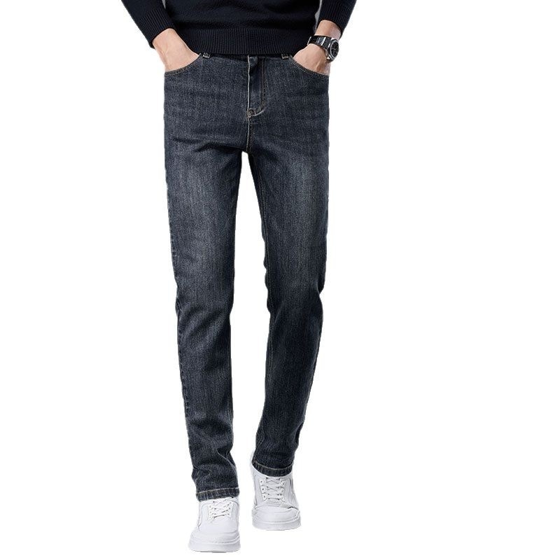 Muške traperice, ravni kroj, visoki pojas, pamuk denim s aplikacijom dekoracije, jesen, enzimsko pranje i izbjeljivanje