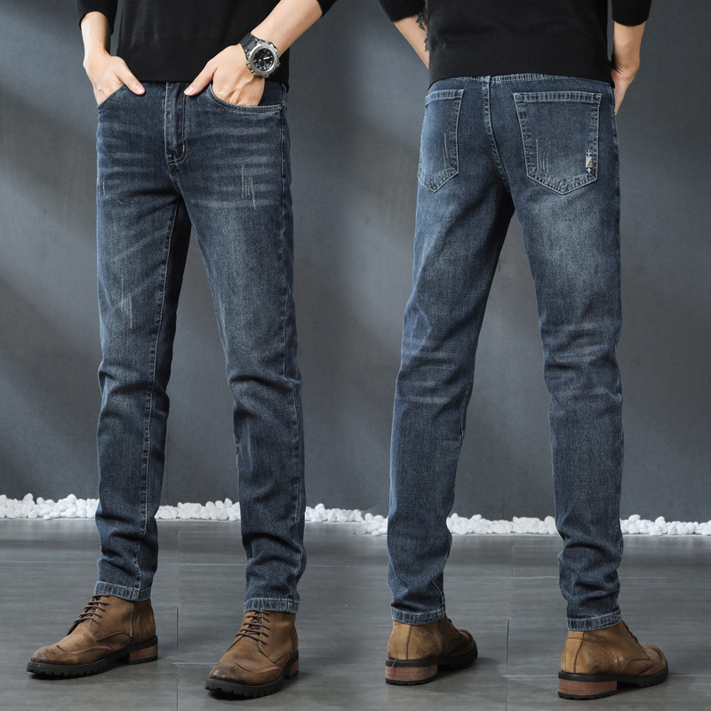 Мъжки дънки с еластичен прав силует, среден талия, деним с ензимно пране и декоративен патч