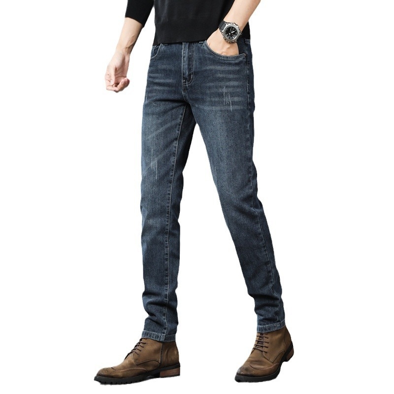 Мъжки дънки с еластичен прав силует, среден талия, деним с ензимно пране и декоративен патч