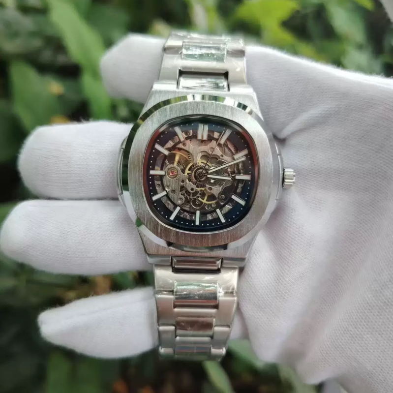 Muški sat s skeletnim dizajnom i automatskim mehanizmom, kućište i kaiš od nehrđajućeg čelika, luminescentan, vodootporan do 30m, inspiriran Nautilusom