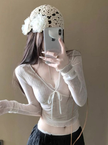 Bluza s čipkastim detaljem, dugi rukav, pleteni top s uskim krojem, jesenska kolekcija