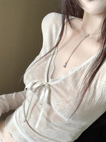 Bluza s čipkastim detaljem, dugi rukav, pleteni top s uskim krojem, jesenska kolekcija