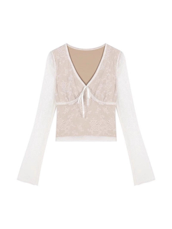 Bluza s čipkastim detaljem, dugi rukav, pleteni top s uskim krojem, jesenska kolekcija