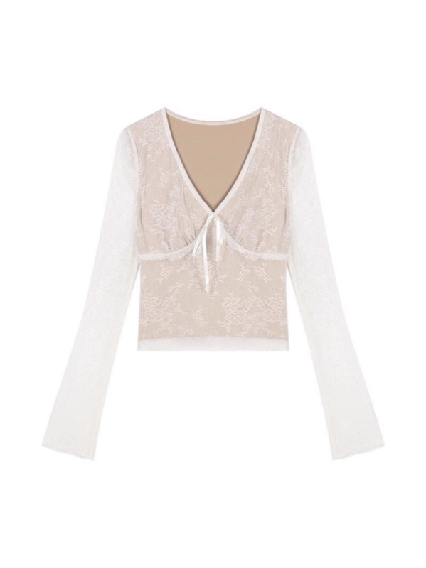 Bluza s čipkastim detaljem, dugi rukav, pleteni top s uskim krojem, jesenska kolekcija