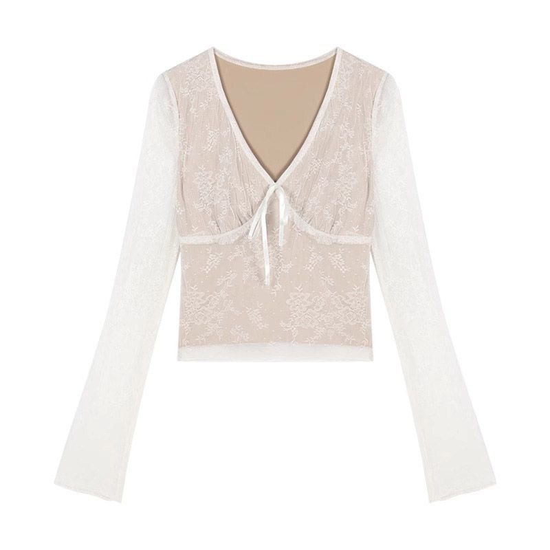 Bluza s čipkastim detaljem, dugi rukav, pleteni top s uskim krojem, jesenska kolekcija