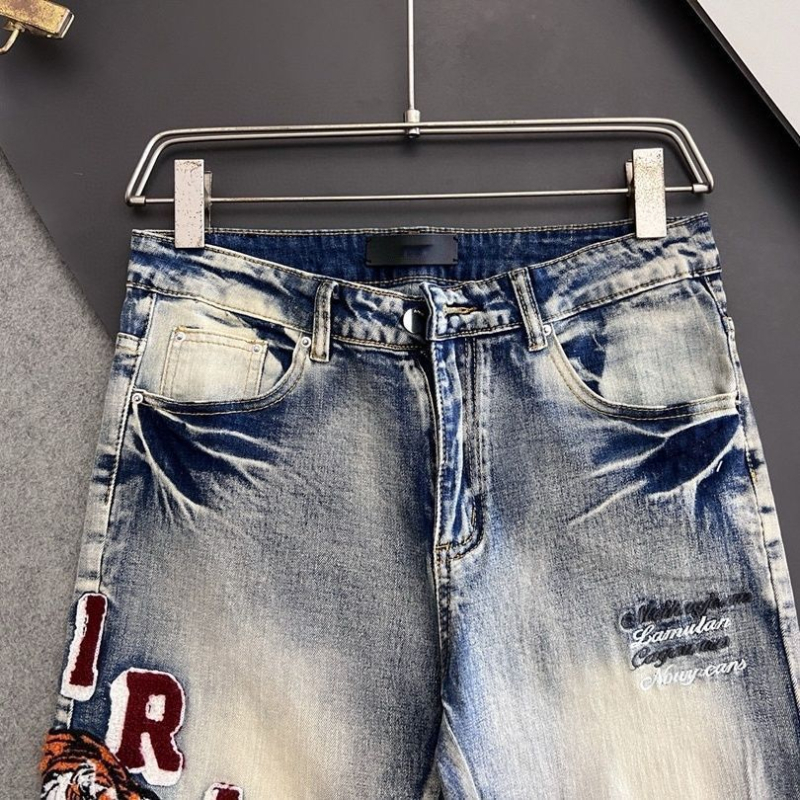 Muške traperice Slim-Fit s tigrovom vezom, poderotine, 50% pamuk, višestruke džepove