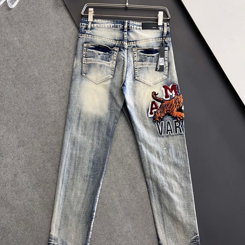 Muške traperice Slim-Fit s tigrovom vezom, poderotine, 50% pamuk, višestruke džepove
