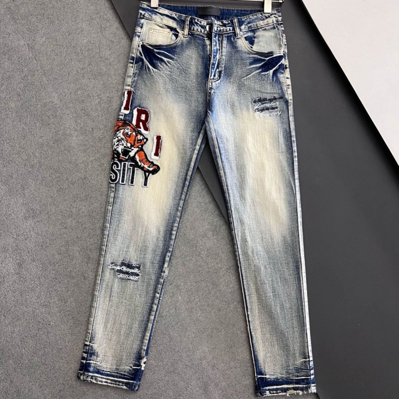 Muške traperice Slim-Fit s tigrovom vezom, poderotine, 50% pamuk, višestruke džepove