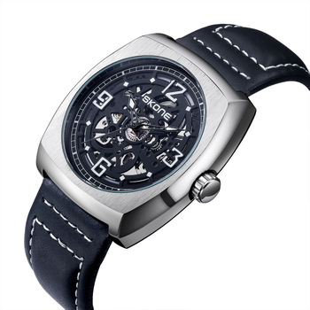 Skone férfi skeletmechanikus óra bőrszíjjal, Seagull hajtás, analóg kijelző, 30 m vízállóság