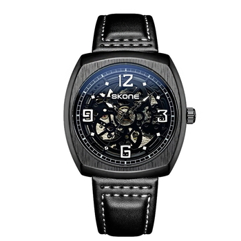 Skone férfi skeletmechanikus óra bőrszíjjal, Seagull hajtás, analóg kijelző, 30 m vízállóság