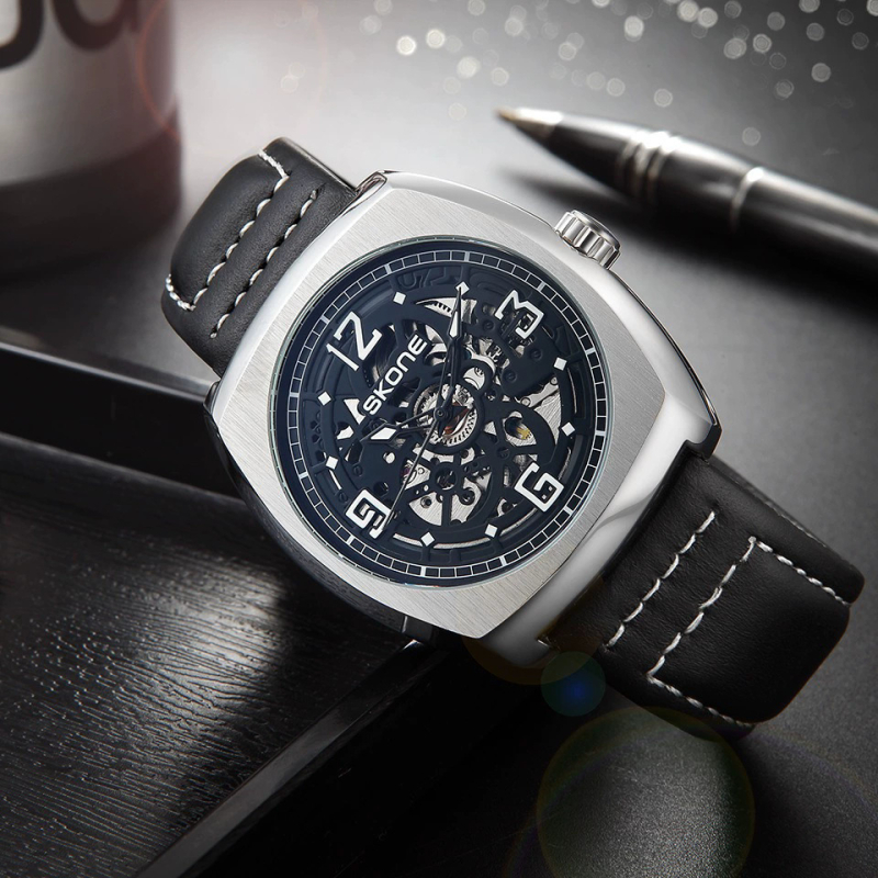 Skone férfi skeletmechanikus óra bőrszíjjal, Seagull hajtás, analóg kijelző, 30 m vízállóság