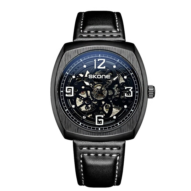 Skone férfi skeletmechanikus óra bőrszíjjal, Seagull hajtás, analóg kijelző, 30 m vízállóság