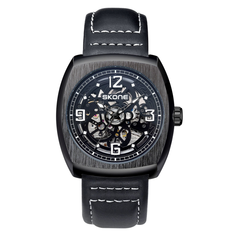 Skone férfi skeletmechanikus óra bőrszíjjal, Seagull hajtás, analóg kijelző, 30 m vízállóság