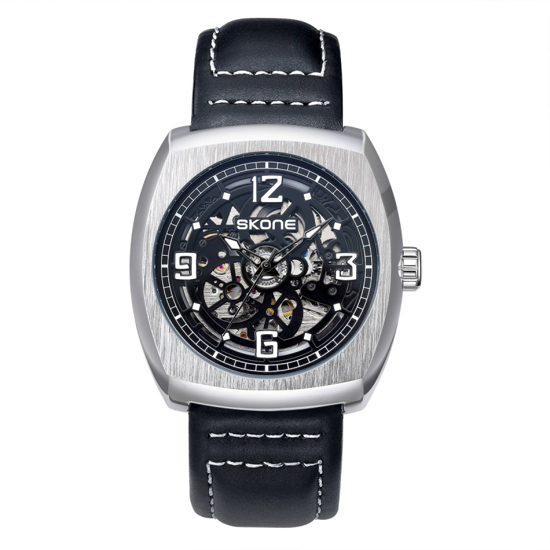 Skone férfi skeletmechanikus óra bőrszíjjal, Seagull hajtás, analóg kijelző, 30 m vízállóság