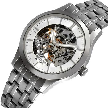 Skone ceas mecanic pentru bărbați, cadran skeleton, corp și brățară din oțel inoxidabil, Mișcare automată Seagull, 30 m rezistență la apă, luminescent