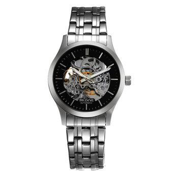 Skone ceas mecanic pentru bărbați, cadran skeleton, corp și brățară din oțel inoxidabil, Mișcare automată Seagull, 30 m rezistență la apă, luminescent