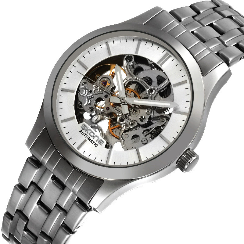 Skone ceas mecanic pentru bărbați, cadran skeleton, corp și brățară din oțel inoxidabil, Mișcare automată Seagull, 30 m rezistență la apă, luminescent